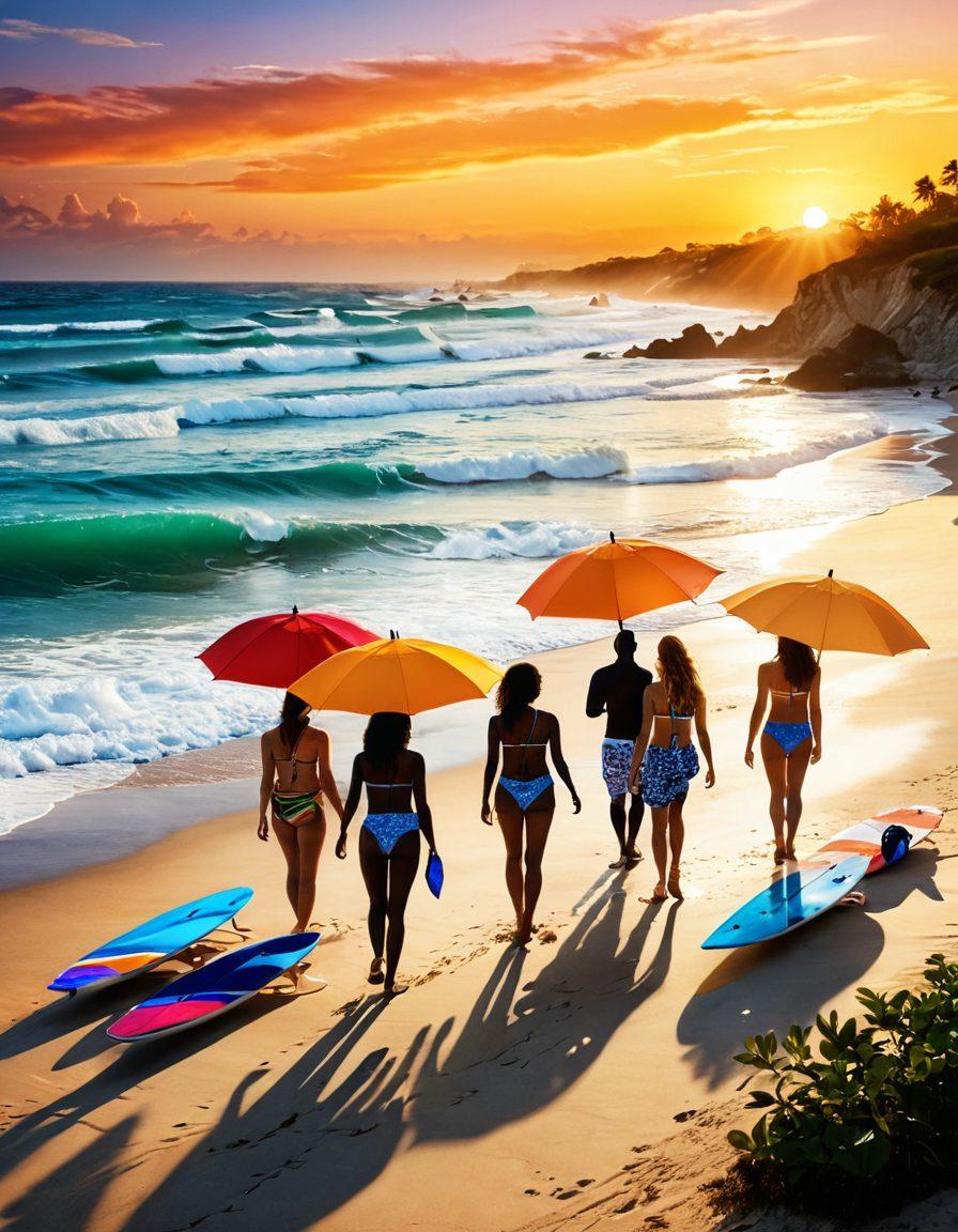 A stunning beach scene featuring a diverse group of stylish individuals showcasing various beachwear and swimwear trends, with colorful umbrellas and surfboards in the background. Include a vibrant sunset over the ocean, with playful waves splashing at their feet, capturing a lively, carefree vibe. The image should radiate summer energy and highlight the beauty of beach fashion. super-realistic. vibrant colors. tropical setting.