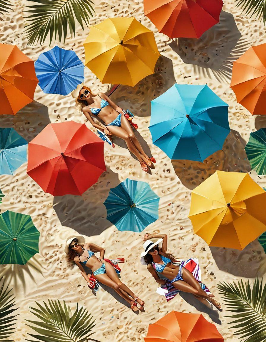 A vibrant beach scene featuring stylish models in trendy bikinis lounging under colorful umbrellas. The sun is shining brightly, casting playful shadows on soft sand while waves gently crash in the background. Accessories like sunglasses and beach hats scattered around to complete the look. Palm trees sway in the breeze, creating a tropical paradise vibe. super-realistic. vibrant colors. summer theme.